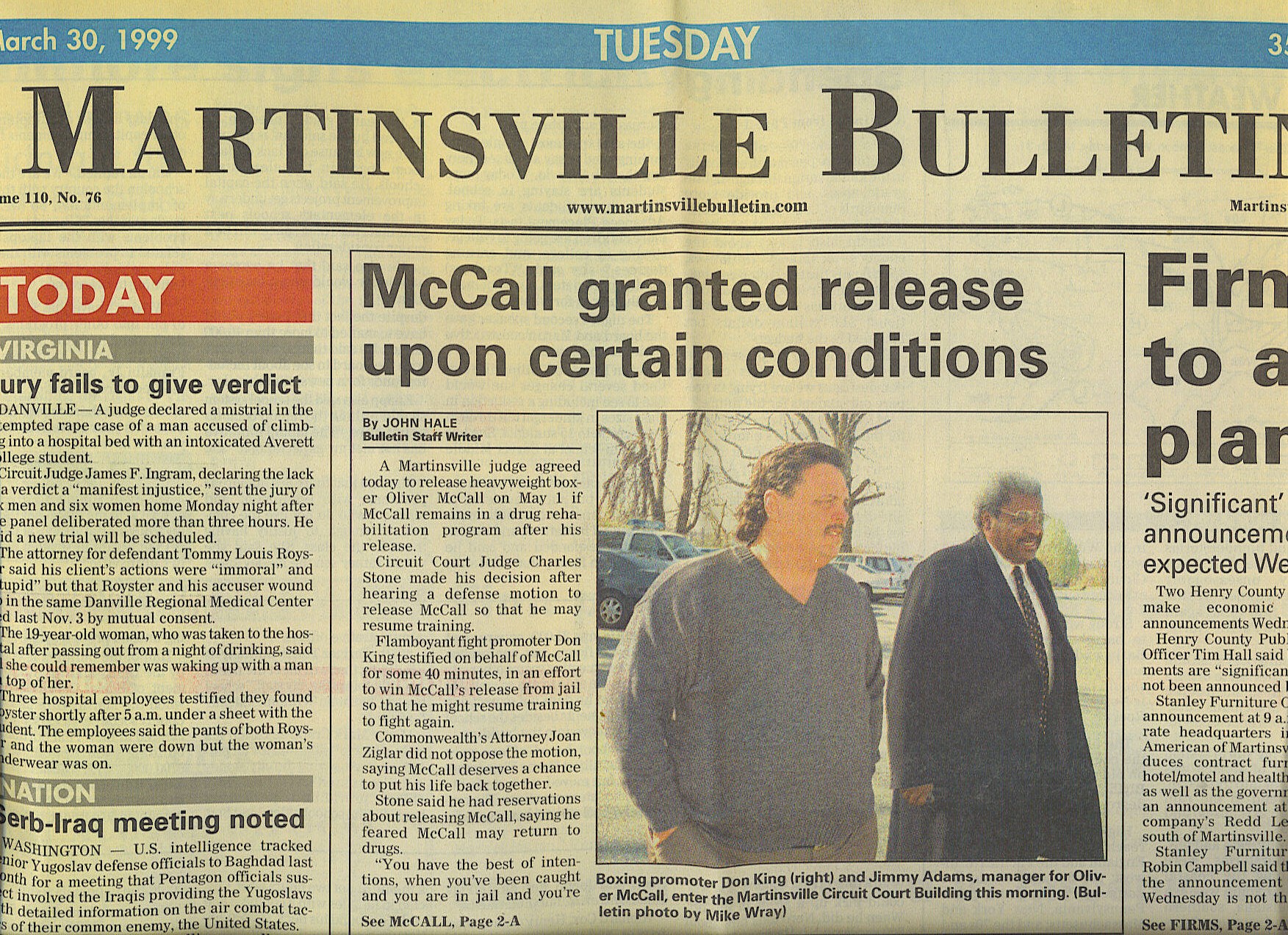 1999 Martinsville Bulletin newspaper clipping headlined 'McCall granted release upon certain conditions', with Don King and Jimmy Adams entering court